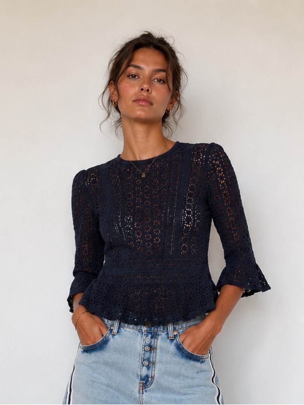 100% Cotton Eyelet Lace Peplum Top Navy French Girl Romantic Size M